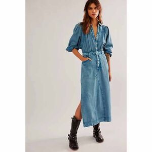 Free People Mad Love Denim Midi Dress Cotton Fitted Blue Long Sleeve M 278683